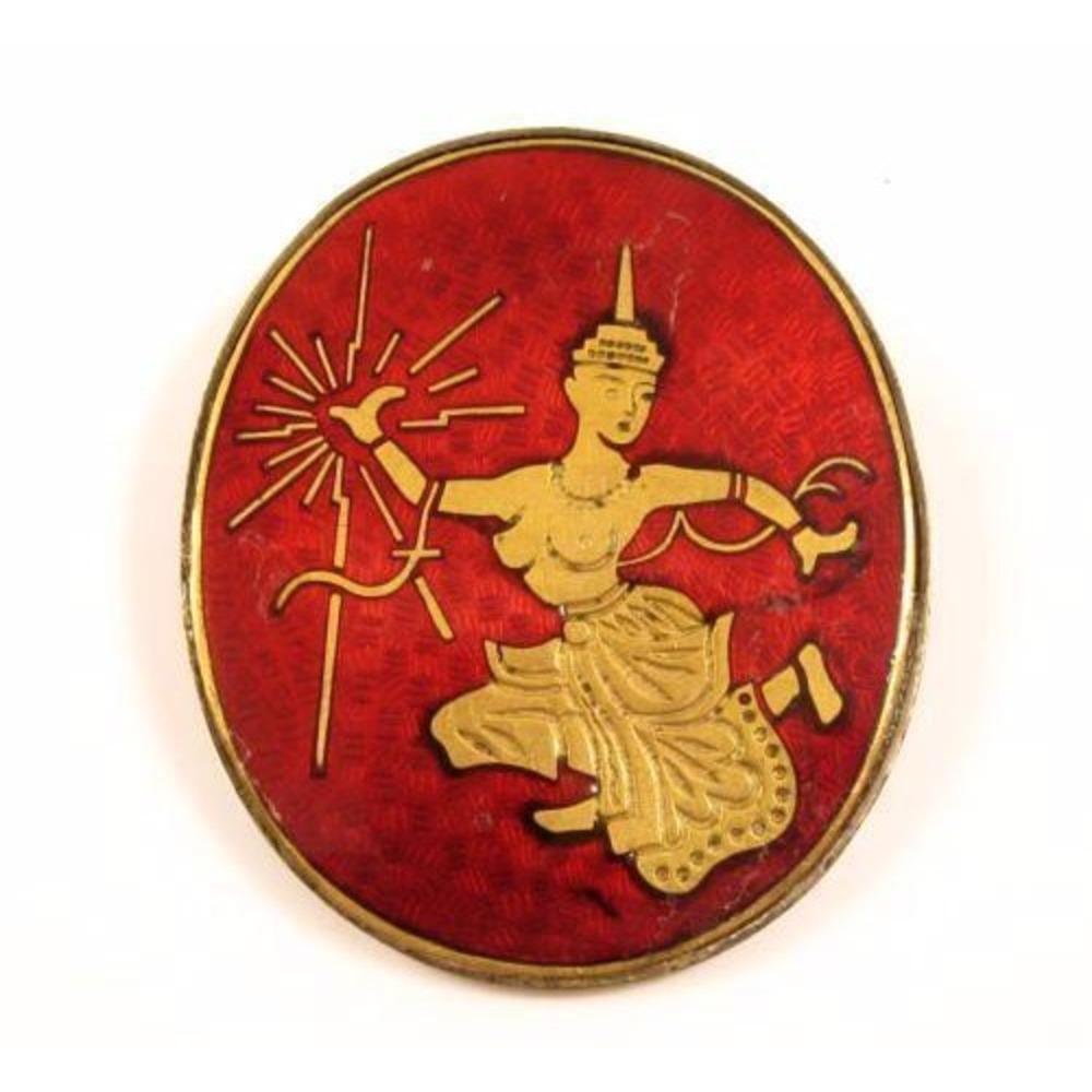 Asian Vintage Ruby Red Enamel Siam Dancer Gold Plated Oval Thai Brooch‎ Pin